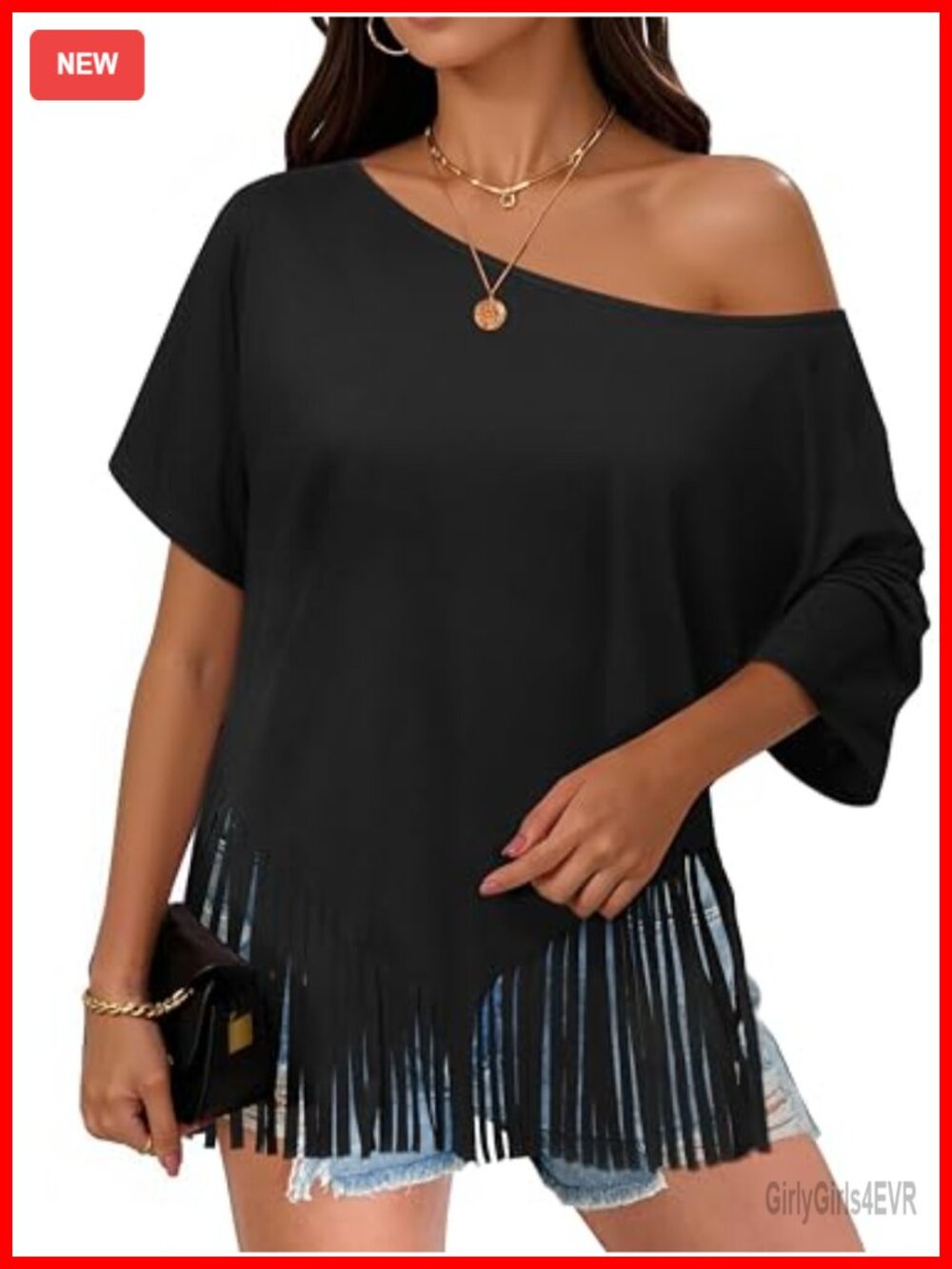 Oversized One Shoulder Fringe T-Shirt Western Cowgirl Top